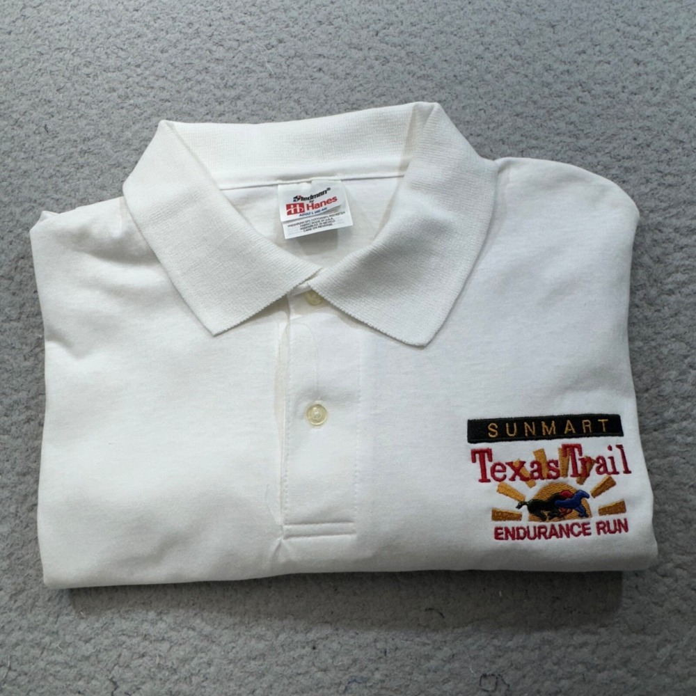 Vintage Stedman Hanes Mens Large White Sunmart Texas Trail Endurance Run Polo